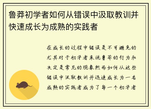 鲁莽初学者如何从错误中汲取教训并快速成长为成熟的实践者
